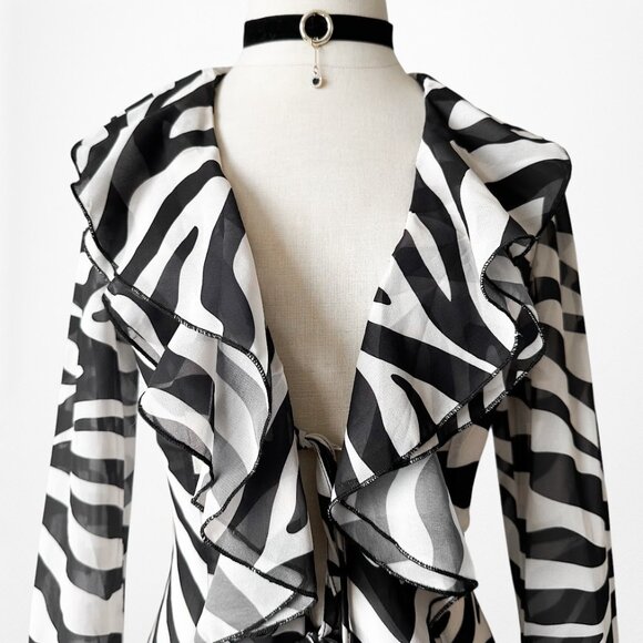 Black White Zebra Print Long Bell Sleeves Ruffle Maxi Cardigan Dress Size S - Picture 6 of 9